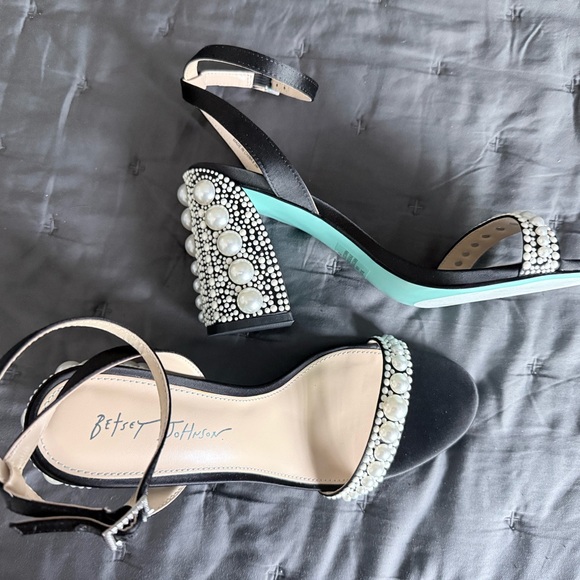 Betsey Johnson Shoes - Betsey Johnson Black Satin & Pearl LEXI Block Heel Sandals NWT